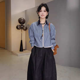 秋装小众蓝色长袖条纹衬衫女2025秋季新款高级感短上衣衬衣设计感