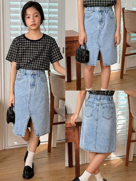Cross-Border European and American 2026 New Stylish Split Hem Denim Skirt for Older Children, Washed Blue, Niche Casual Export Denim Skirt