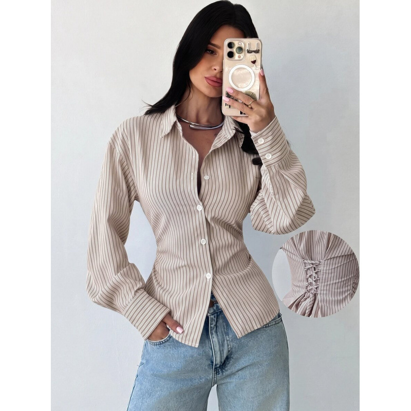 Amazon cross-border European-style autumn new collection: French-chic, age-reducing striped long-sleeved polo shirt with a tie at the back waist Amazon cross-border European-style autumn new collection: French-chic, age-reducing striped long-sleeved polo shirt with a tie at the back waist