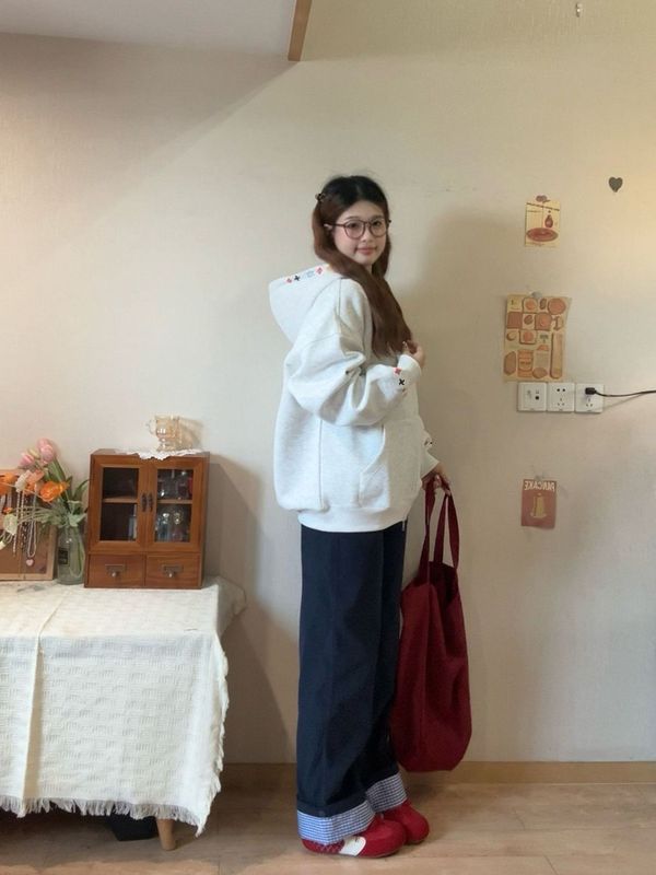 韩系刺绣藏青色双头拉链卫衣外套女2025秋季新款宽松休闲长袖上衣|undefined