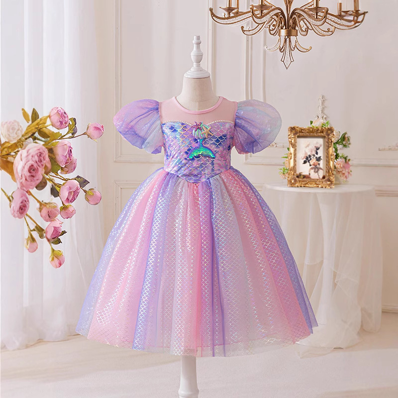 [Premium Selection] Mermaid Mesh Puffy Dress for Girls, Princess Tulle Dress with Long Sleeves, Stage Costume, Flower Girl Dress