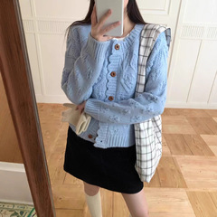 蓝色小香风毛衣外套女25秋新款高级感慵懒宽松韩系短款针织开衫冬