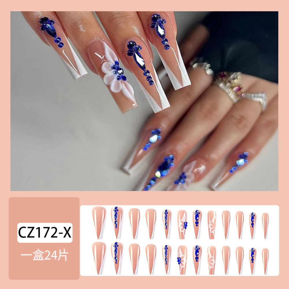 Uñas de ballet largas estilo europeo y americano, manicura francesa con diamantes de imitación, uñas postizas para chicas modernas