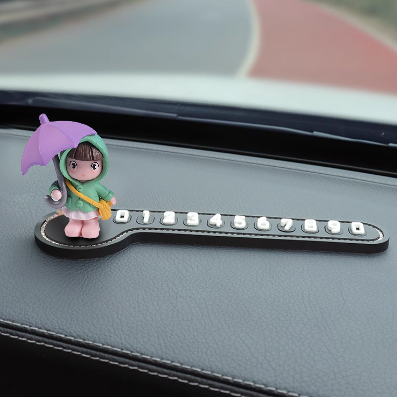 Tarjeta de estacionamiento temporal para automóvil, placa de número de diamante, movimiento de automóvil, placa de teléfono, paraguas, niña de dibujos animados, mujer