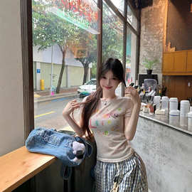 【广州150克彩虹麻】薄款透气趣味涂鸦彩纱上衣女夏修身印花短袖t