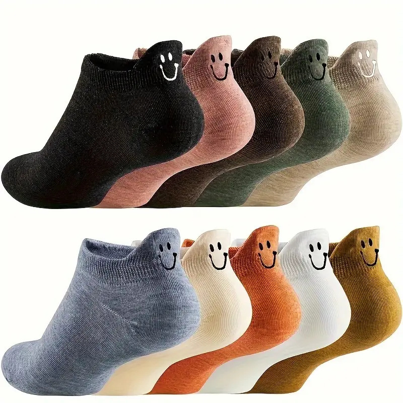 Spring and Summer New Style Women's Socks with Smiley Faces, Casual Breathable Anti-Odor Sweat-Absorbing Simple Low-Cut Women's Socks