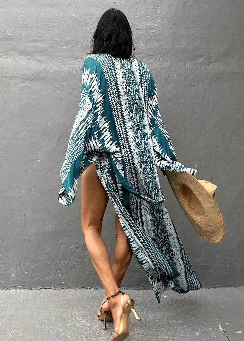 European And American Rayon Water Print Beach Cover up Sexy Loose Cardigan Swimsuit Bikini for Women_ecoleips.com