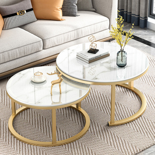 Nordic glass coffee table living room creative internet celebrity circular set small apartment imitation marble ins iron art coffee table 