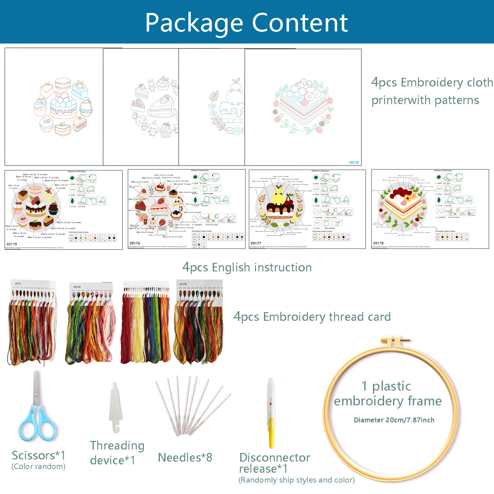 Cuatro piezas de pastel - hilo de bordado de tela 4 conjuntos + 20CM de tela de bordado + cortador de tijeras de hilo