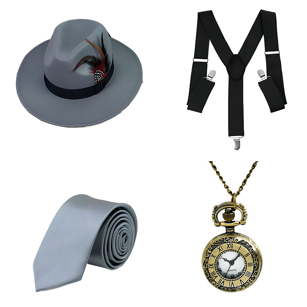1920s Gatsby Party Dress Up Correa Reloj de bolsillo Barba falsa Traje Vestido de moda Sombrero de copa Corbata Años 20