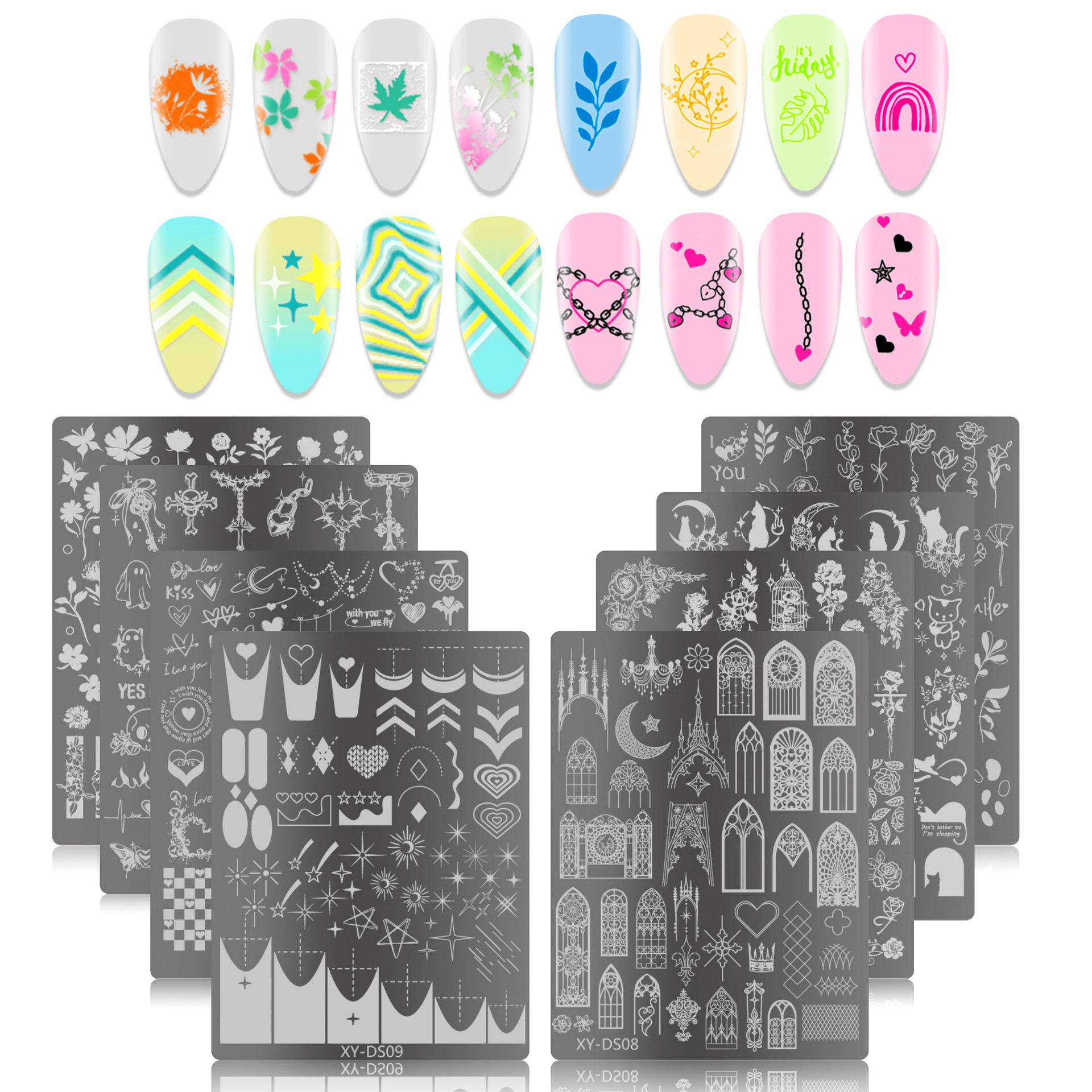 Placa de acero de transferencia de impresión de uñas de estilo explosivo transfronterizo, flor francesa, línea de mariposa, herramienta de transferencia de uñas con película de color