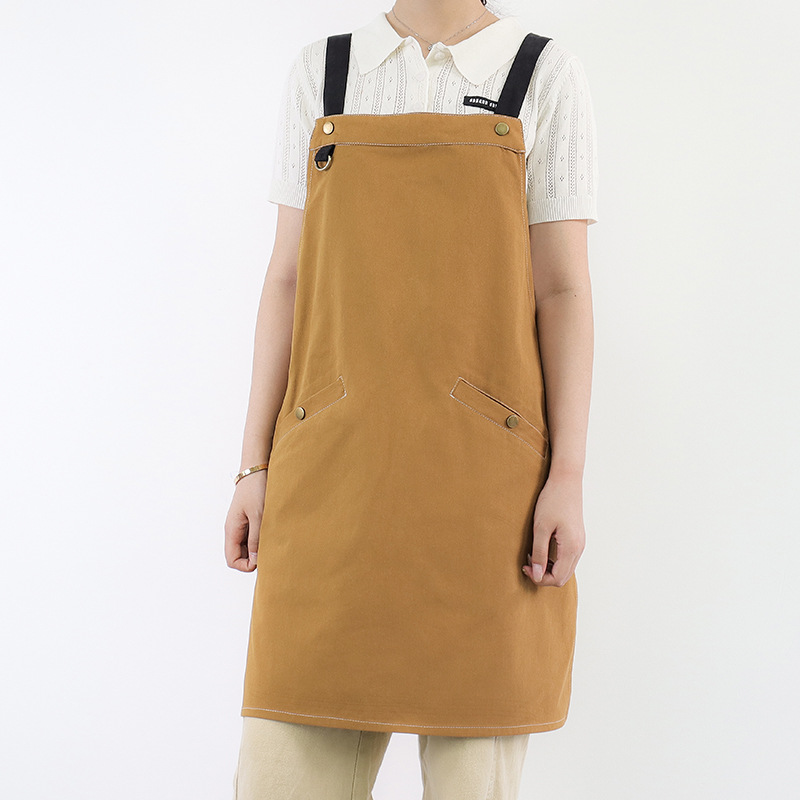Delantal de algodón transfronterizo personalizado logotipo de botón de bolsillo diagonal correa ajustable camarero ropa de trabajo delantal doméstico