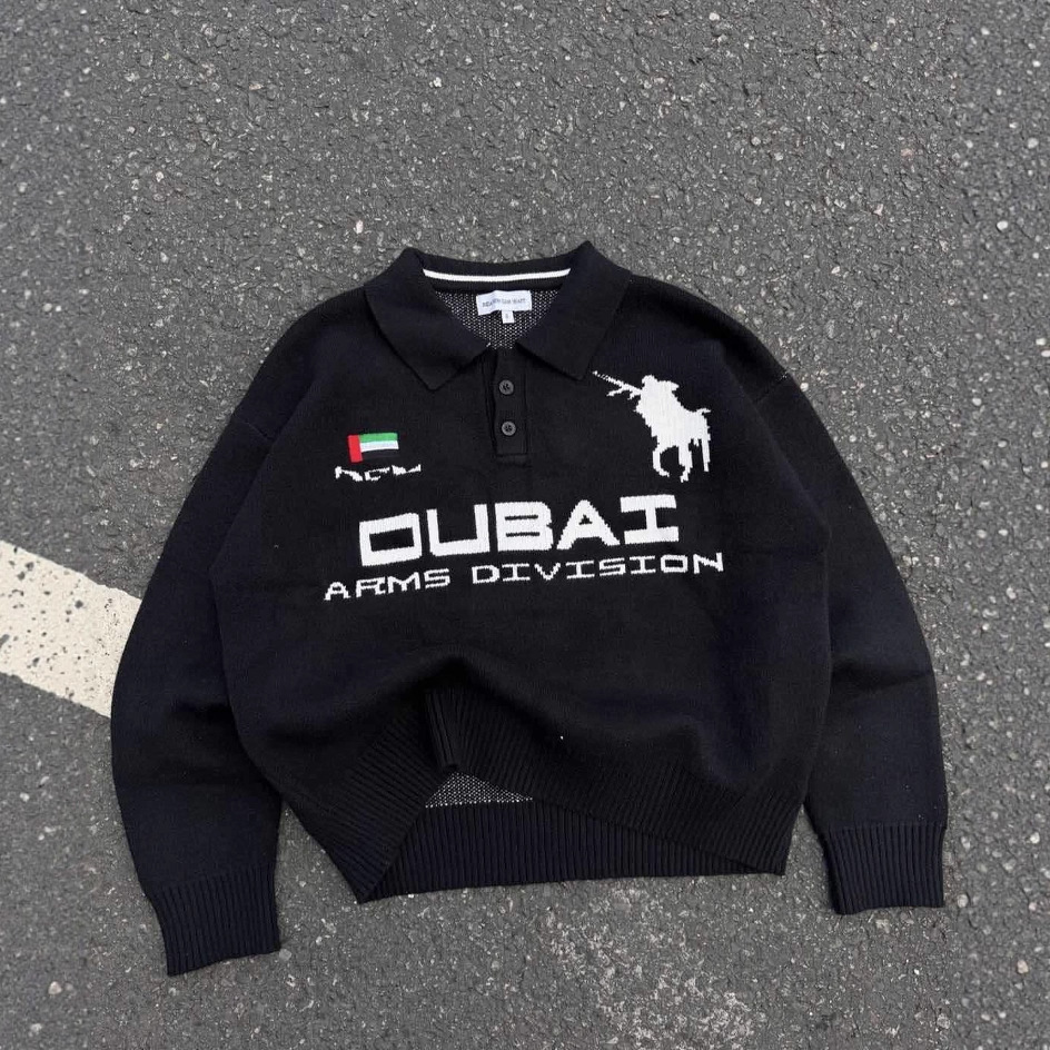 Suéter de punto negro retro americano transfronterizo europeo y americano, suéter suelto de manga larga con cuello de polo para hombre con letras pesadas