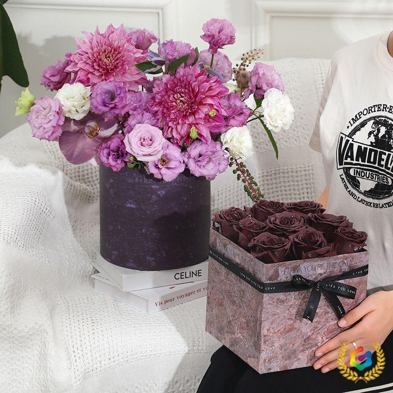 批发✅乌梅紫抱抱桶礼盒永生花束包装盒紫色空盒方形圆形diy花艺