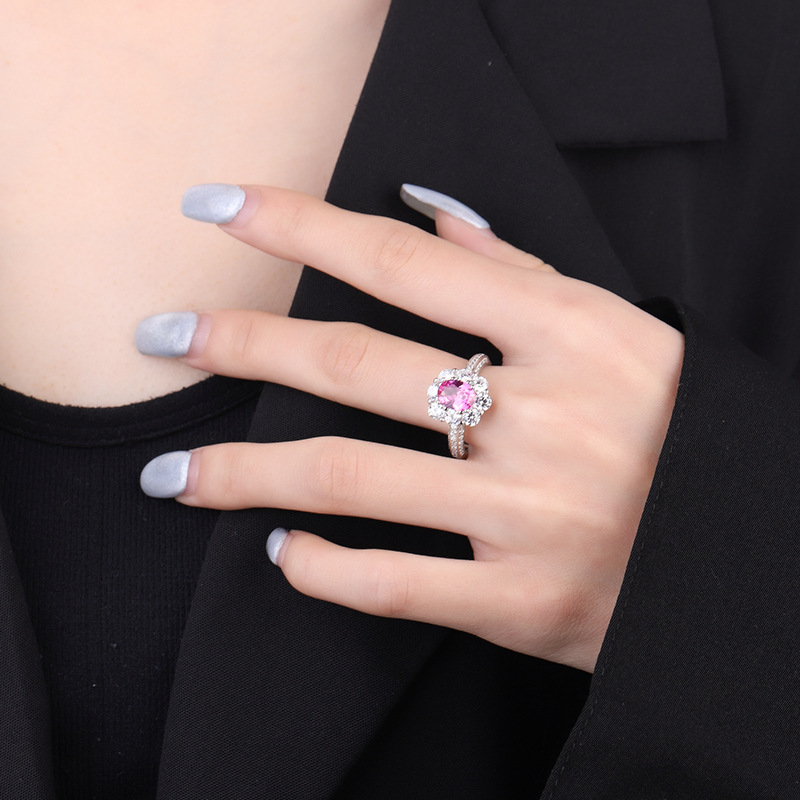 Zhuang Sheng joyería S925 plata simulación turmalina verde Rosa tesoro rojo color huevo de Paloma 3 quilates Vintage anillo piedra principal 6*8