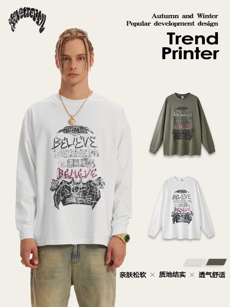 Impresora de marcas| 2025 primavera y otoño Ba familia B juveniles sueltos estilo americano marcas de agua callejera camiseta de manga larga