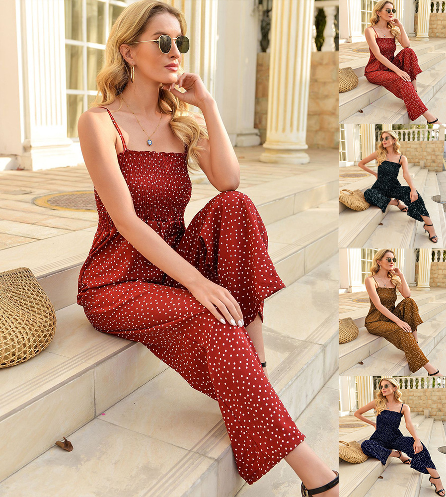 2023 estación independiente de Amazon europea y americana primavera y verano nuevas mujeres con estampado de lunares envuelto en el pecho Pantalones anchos sueltos de una pieza