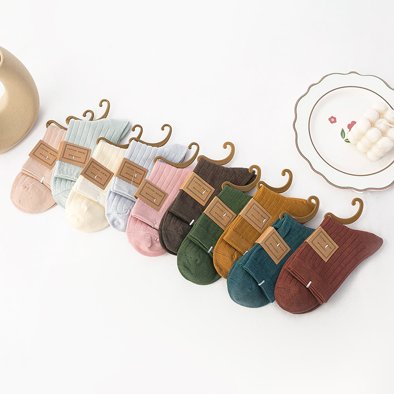 Calcetines de otoño e invierno a media pierna calcetines de algodón de color sólido medias transpirables absorbentes de sudor Medias Vintage imitación doble aguja calcetines a rayas al por mayor