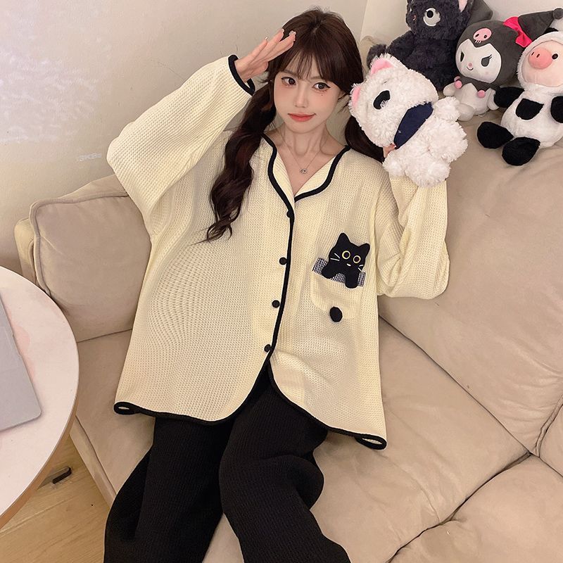 Transfronterizo al por mayor otoño y invierno de algodón waffle lindos cardigans pantalones de manga larga calentamiento ropa de hogar conjunto pijamas mujeres