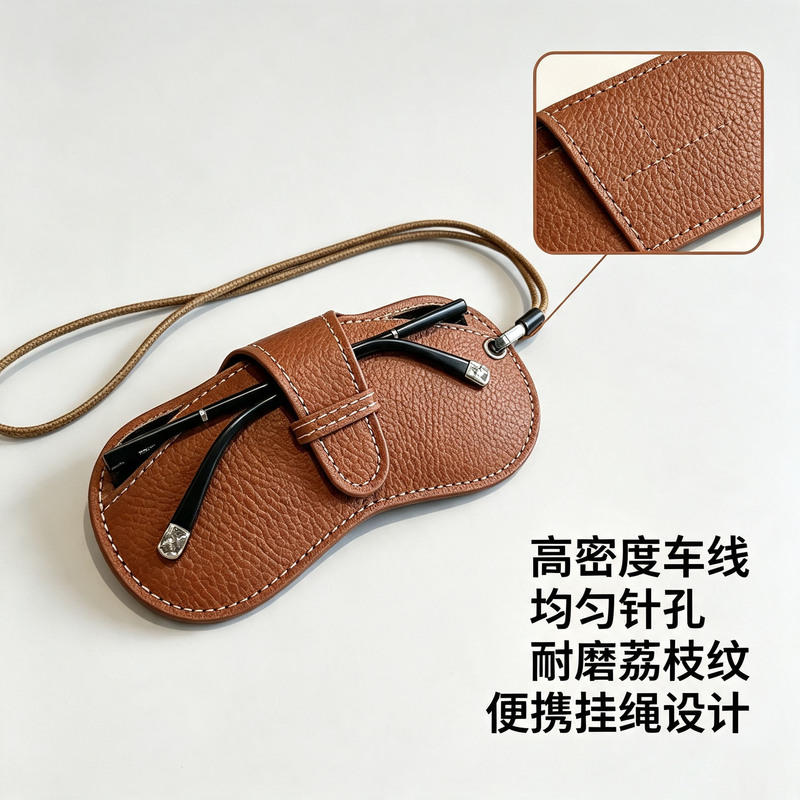 Top-layer cowhide lychee pattern eyeglass case for men and women, portable neck-hanging protective cover for myopia glasses and sunglasses storage Top-layer cowhide lychee pattern eyeglass case for men and women, portable neck-hanging protective cover for myopia glasses and sunglasses storage