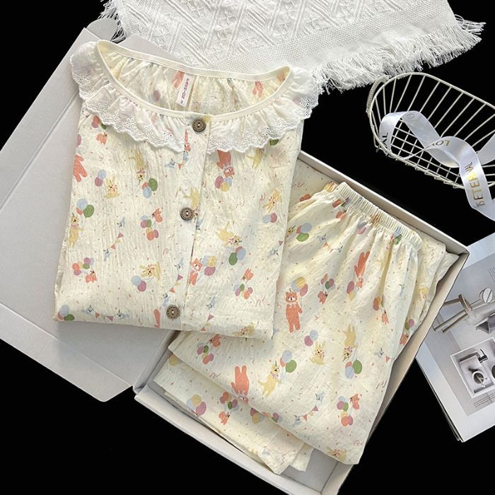 Red de celebridades de la red nuevo estilo nube algodón lindo oso traje pijamas mujeres otoño rebeca de manga larga cuello redondo ropa de hogar de encaje casual
