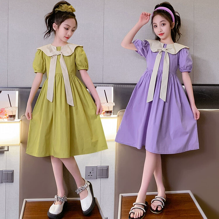 Solid short sleeve dress, summer uniform, collar, skirt, for teenagers, western style