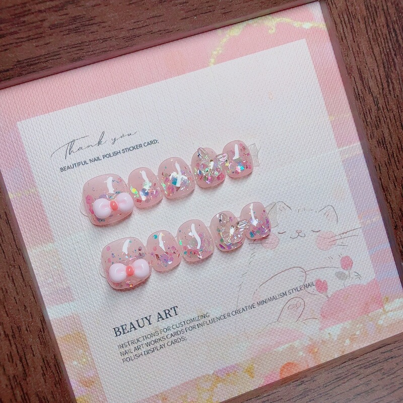 Wearable Nails for Children, Summer Cute Sweet Girl Kt French Style Hand-Painted Short Handmade Wearable Nail Stickers, Sweet and Spicy