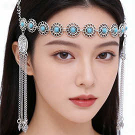 哈萨克新疆民族风发饰仿松石长流苏头饰古风写真发饰项链两用