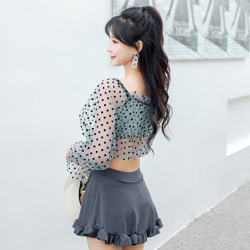 Traje de baño de manga larga de dos piezas de las mujeres sexy falda traje de baño de la niña adelgaza push up vacaciones traje de baño de aguas termales