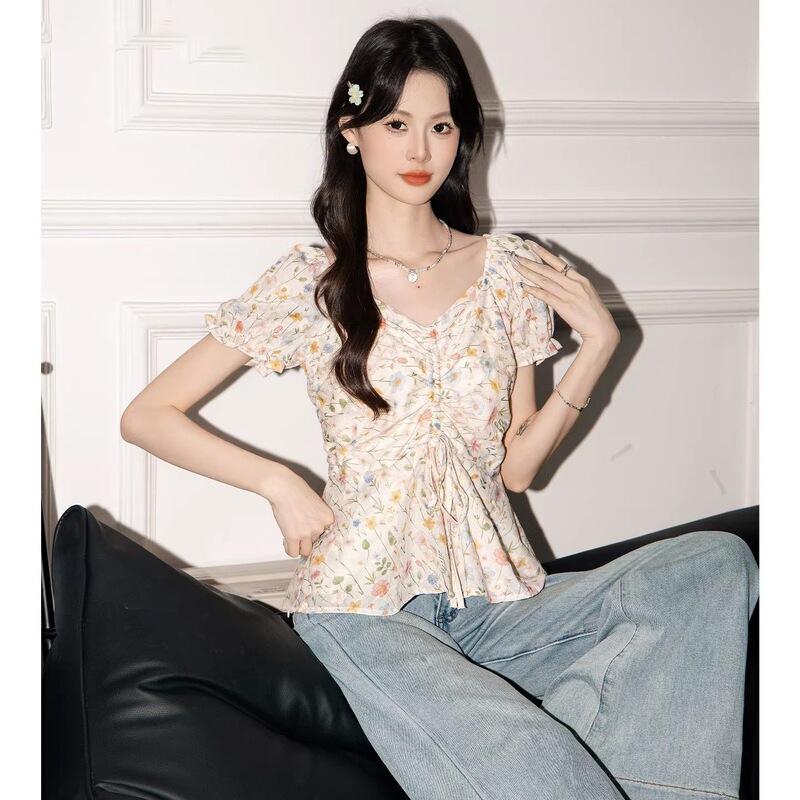 French-Style Floral Tie-Neck Puff-Sleeve Short-Sleeve Shirt for Women, 2026 Summer New Style, Waist-Cinching Short Top