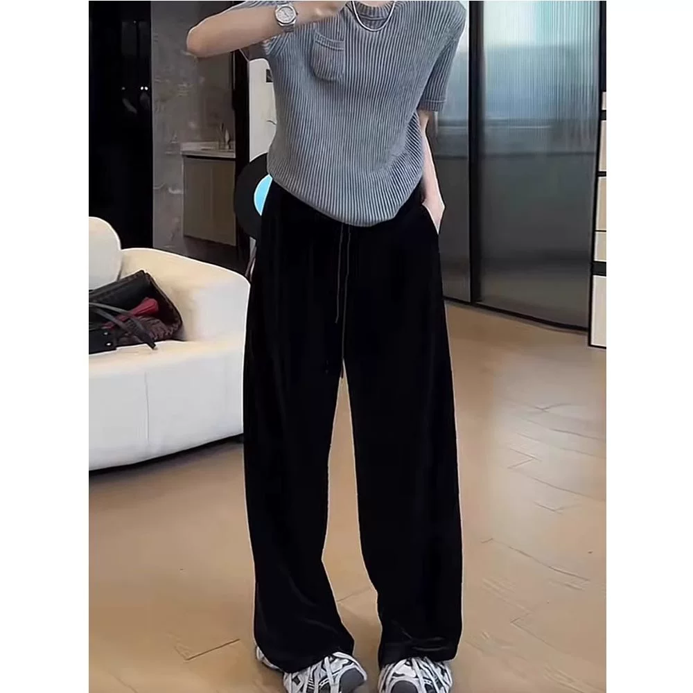 Черные бархатные брюки для женщин, весенние новые большие размеры, с высокой талией, утягивающие, прямые, повседневные широкие брюки.