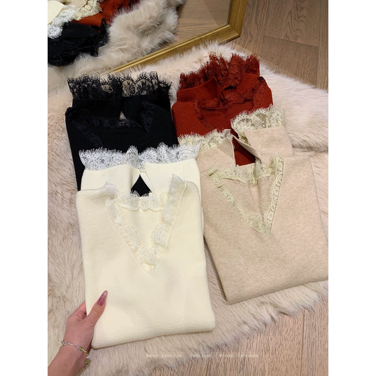Lace knitted spring brand sweater, V-neckline