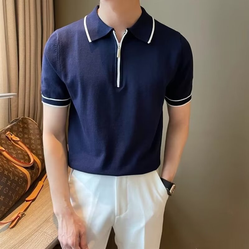 2025 Summer New Solid Color Shirt Men's Short-sleeved Shirt Fashionable All-match Casual Half-sleeved T-shirt Turtleneck Shirt