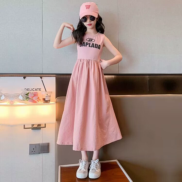 Платье с рукавами без рукавов, юбка, летняя одежда, детское длинное летнее безрукавное платье, западный стиль, середина длины, средней длины