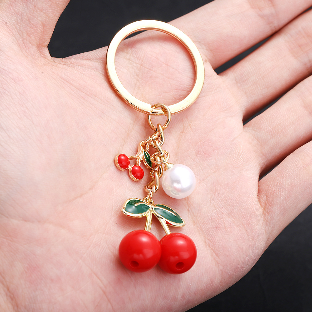 Cherry Pattern Popular Style 1 Drop Oil Solid Color Red Cherry Pearl Keychain Metal Key Chain Decorative Pendant