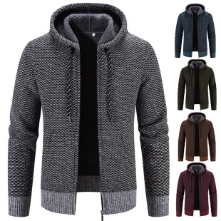Winter knitwear men's cardigan coat fleece-lined thick hooded solid color sweater men's outer wear sweater