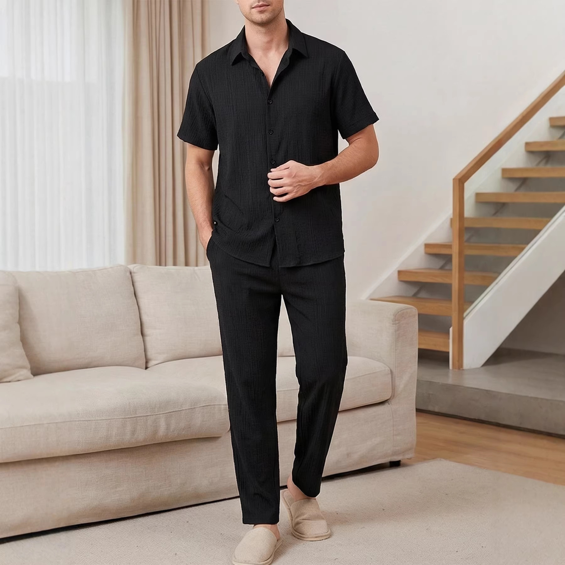 Cross-Border Amazon Summer Men's Two-Piece Set Solid Color Short-Sleeved Shirt and Long Pants Casual Sports Outdoor Shirt Set