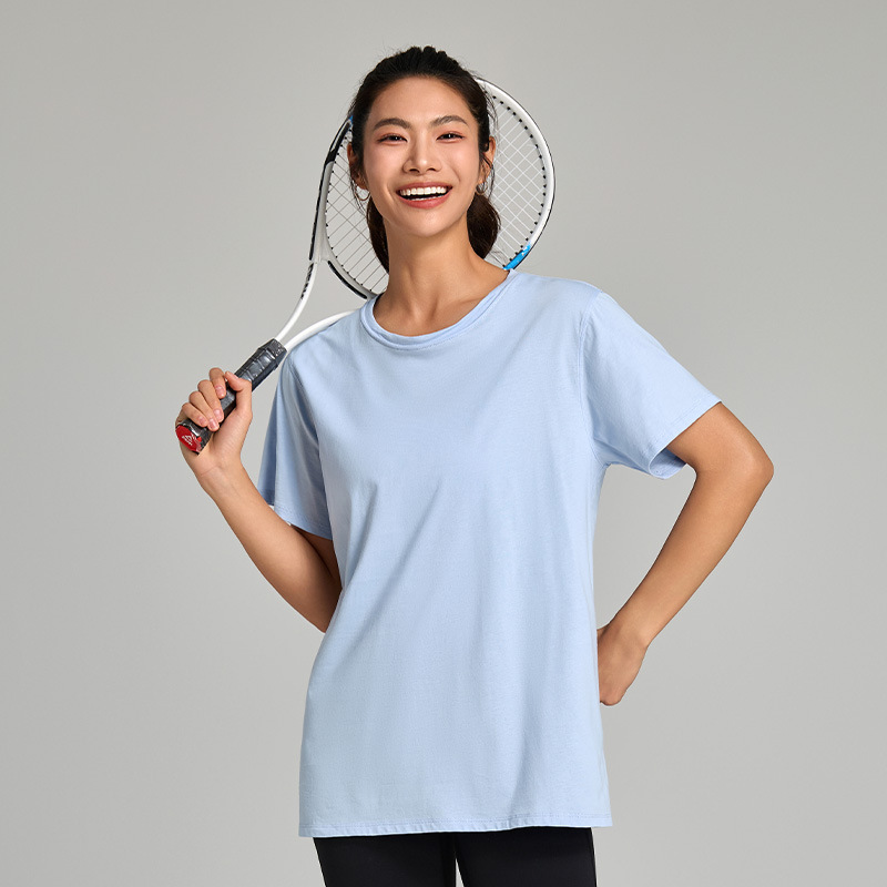 純綿ゆるいtシャツ夏の涼感速乾運動上着女性純色氷感半袖ヨガフィットネス服|undefined