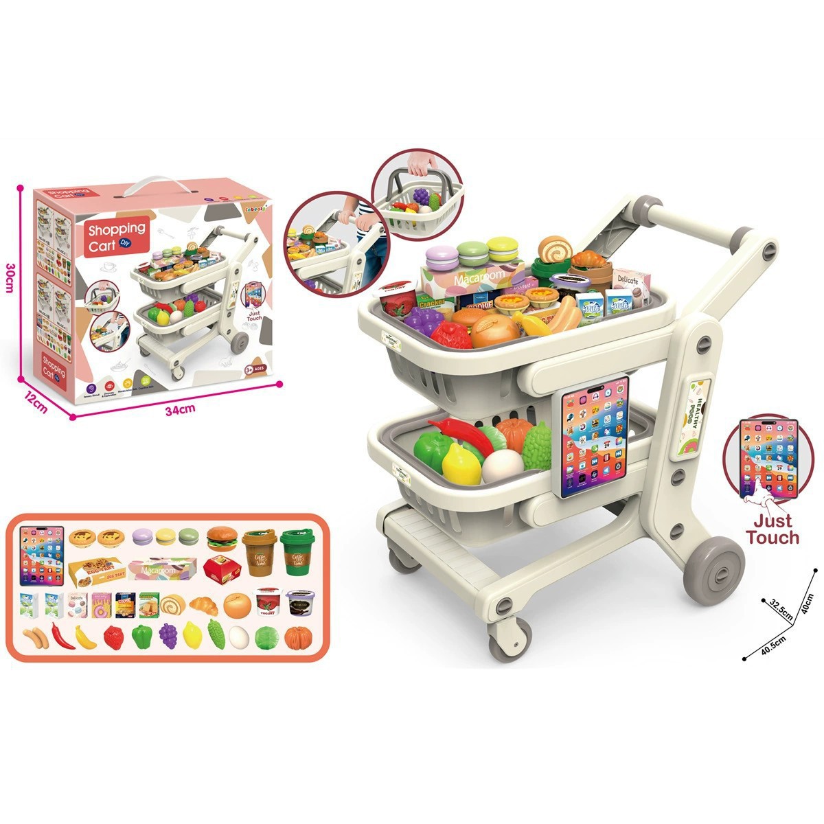 Comercio exterior infantil simulación de supermercado de doble capa de frutas y verduras carro de compras plano a través del juego de juguetes de supermercado
