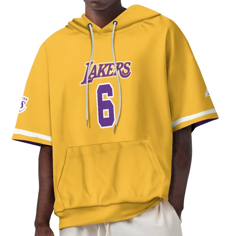 Cross-border Hot Sale Lakers Team No.6 Printed Men's and Women's Summer Short Sleeve Hooded Custom Round Neck Casual T-shirt