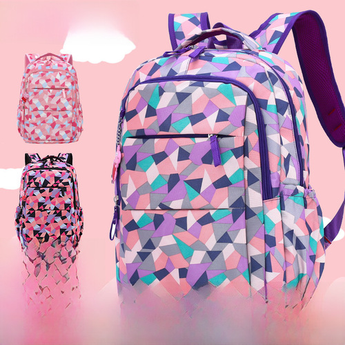 Cross-border primary school student backpack for girls, stress-relieving, breathable, for grades 3-4, geometric pattern, large capacity, double backpack, fashionable