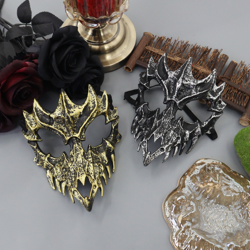 fiesta máscara de esqueleto dientes largos demonio esqueleto mitad cara máscara de lobo detrás máscara gigante disfraz de Halloween