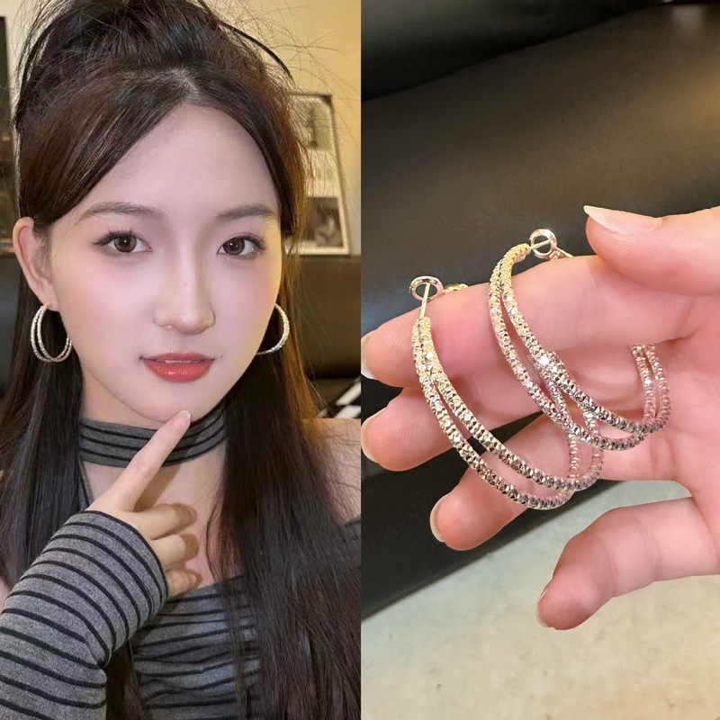 气质时尚欧美夸张银色超闪双层锆石耳环女百搭显脸小高级独特耳饰|undefined