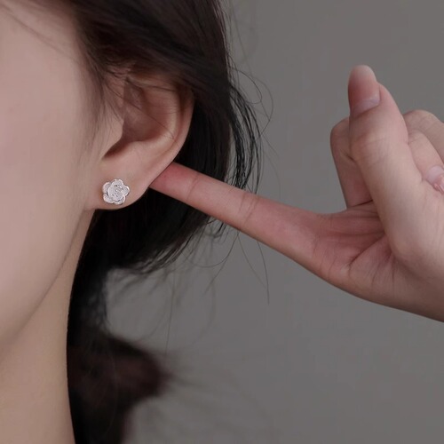 999 Pure Silver Camellia Flower Stud Earrings for Women, Unique Design, High-End Elegance,  New Arrival, Light Luxury, Instagram-Style Earrings