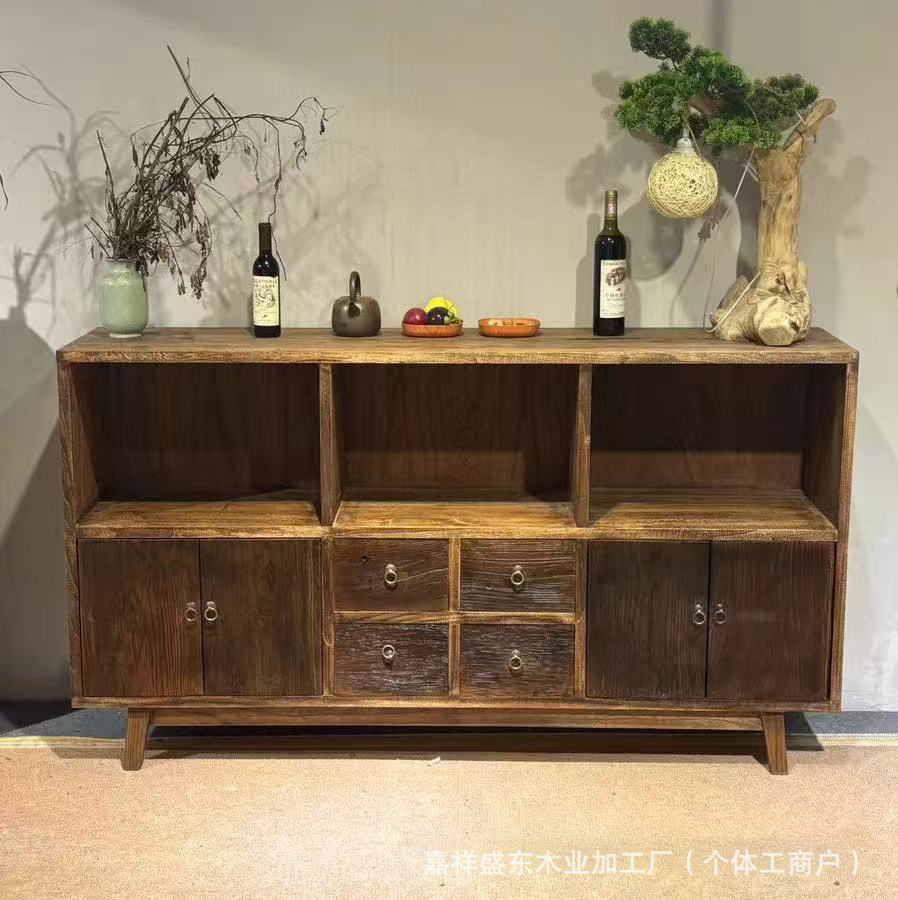 Retro Weathered Old Door Panel Sideboard Home Entrance Storage Cabinet Old Elm Tea Display Cabinet Wall Storage Cabinet