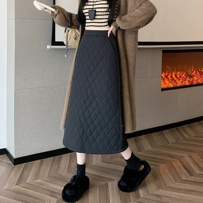 Gonna midi GraceChic in cotone trapuntato spesso con spacco posteriore per donna, gonna aderente a trapezio a vita alta, calda e snellente per autunno inverno_voghion.com