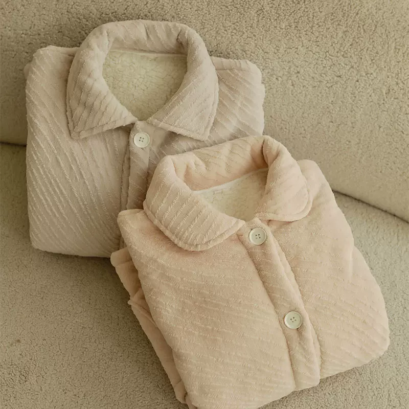 冬季新款加绒加厚纯色提花牛奶绒面料温暖舒适情侣家居服睡衣套装