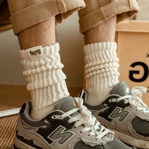 Leung Wing-wah men's ribbed socks for autumn and winter, solid color terry socks, Japanese retro sports couple's cotton socks, mid-calf socks