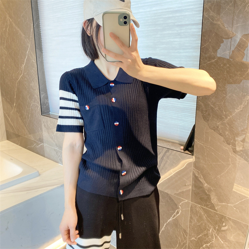 Hanyuan Apparel/Academy Style Color-Block Button Polo Shirt Knitted Turn-Down Collar Slim-Fit Short-Sleeve Jacket for Women