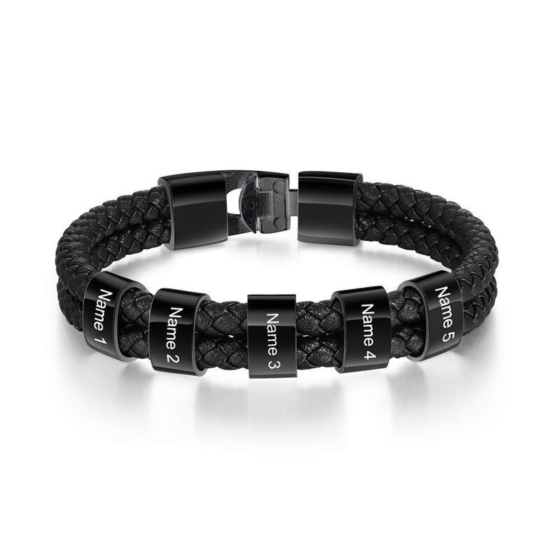 Men's Leather Bracelet Black Braided Leather Cord Name Engraving Bracelet Men's Double Layer Stainless Steel Engraving Bracelet